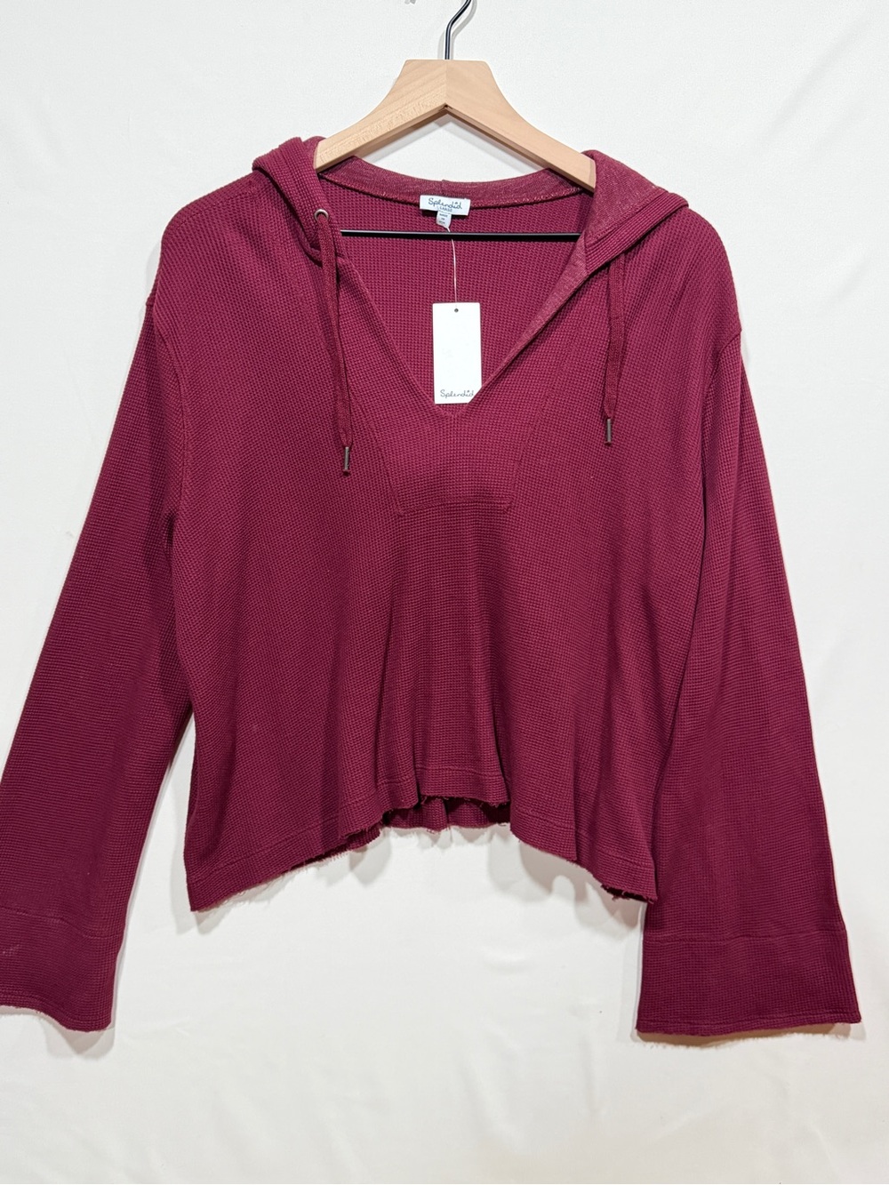 Splendid Burgundy Waffle Knit Pullover Hoodie Long Sleeve Size L NWT